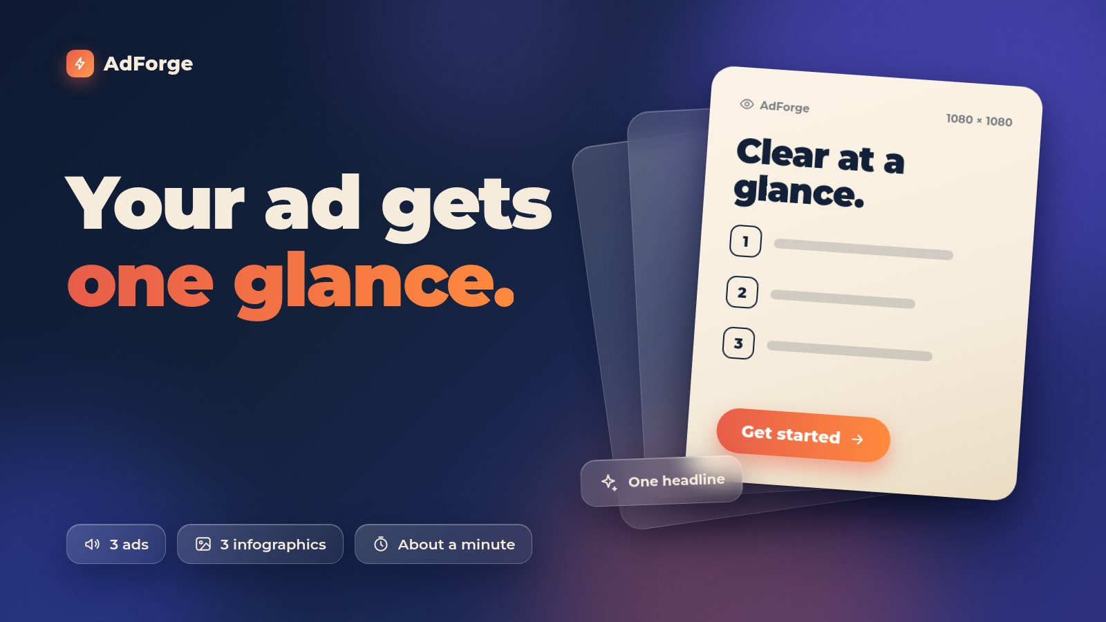 AdForge: Your ad gets one glance. One headline, three steps, 3 ads, 3 infographics, about a minute.
